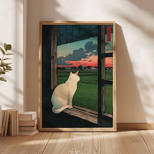 Vintage Japanese Cat Art, Japanese Nature Print, Printable Digital Download, Botanical Home Decor, Nature Wall Art, Cat Illustration