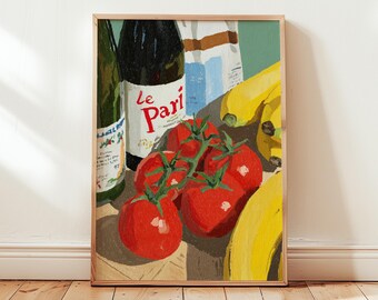 Le Pari Wine Tomatoes Still Life Art Print, Bold Kitchen Food Illustration, Colorful Maximalist Home Decor, Digital Download