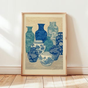 Illustrationsaffisch med blå keramisk vas | Vintage asiatisk keramikkonst | Digital nedladdning