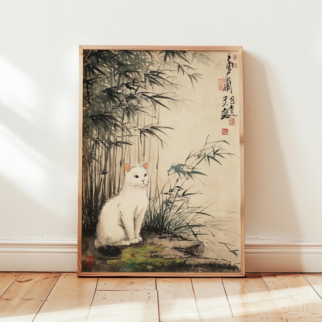 Bamboo Forest Art Print, White Cat Nature Poster, Japanese Zen Style ...