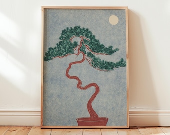 Japanese Bonsai Tree Digital Download Print, Minimalist Sun Wall Art, Zen Nature Poster, Asian Inspired Decor Instant