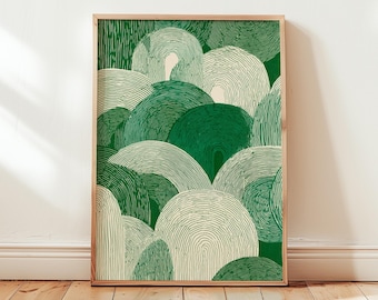 Green Abstract Landscape Digital Art Print, Modern Minimalist Wall Decor, Botanical Nature Inspired Geometric Poster Download