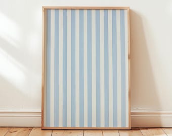 Blue Stripe Wall Art Print, Coastal Nautical Decor, Minimalist Striped Pattern Artwork in Light Blue and White, Digital Download Poster