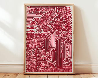 Mexican Cactus Art Print, Red Line Illustration Poster, Desert Eagle Design, Southwestern Wall Decor, Modern Folk Style Digital Download