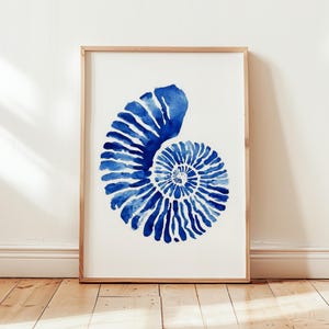 Blue Seashell Wall Art, Nautical Coastal Decor, Ocean Beach House Print, Marine Shell Poster, Coastal Bathroom Artwork, Digital Download