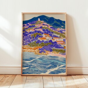 Mediterranean Coastal Digital Download, Colorful Seaside Village Landscape Printable Wall Art, Travel Poster Style Home Decor