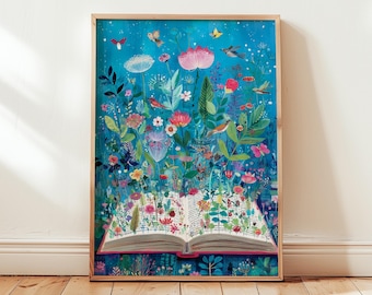 Whimsical Storybook Garden Poster, Blooming Floral Wall Art, Enchanted Book Illustration Print, Fantasy Nature Decor, Digital Download