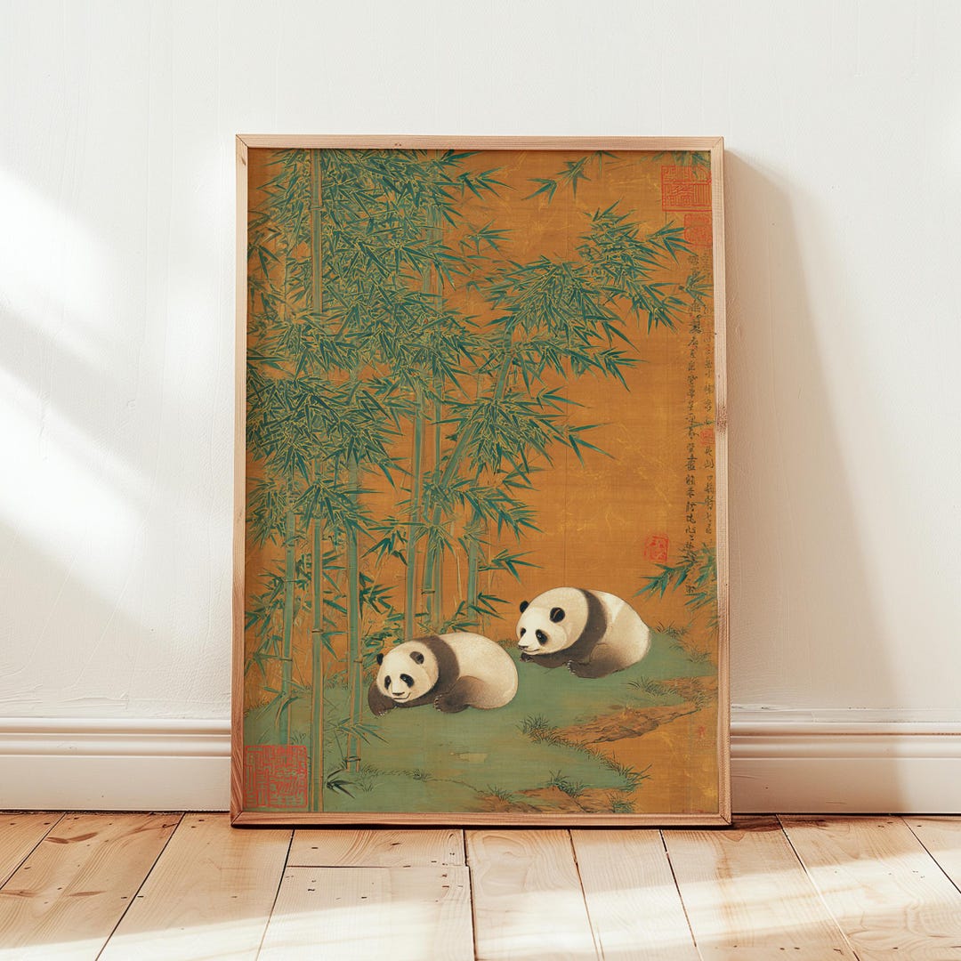 Panda Wall Art Print, Vintage Asian Bamboo Painting With Two Pandas ...