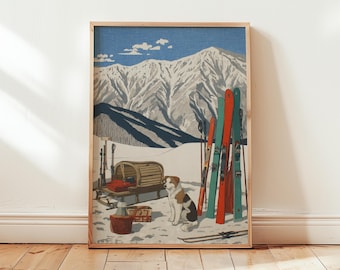 Vintage Ski Cabin Digital Download – Retro Alpine Wall Art with Dog, Snowy Mountain Printable Poster, Winter Lodge Ski Decor