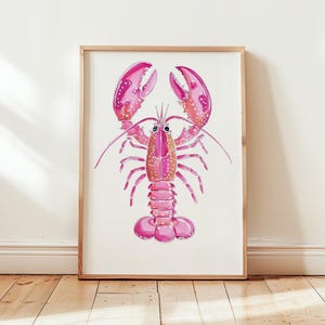 Pink Lobster Wall Art Print, Nautical Coastal Kitchen Decor, Beach House Sea Life Illustration Digital Download