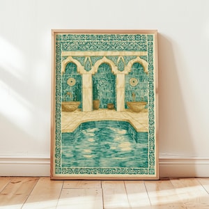 Puede incluir: Impresión enmarcada que representa un interior con piscina y arcos. La obra utiliza tonos turquesa y beige, con patrones intrincados. La piscina refleja la luz, evocando un baño tradicional. Marco de madera.