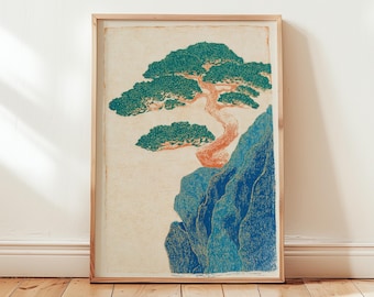 Japanese Mountain Landscape Poster | Pine Tree And Sea Illustration | Vintage Nature Design | Digital Download