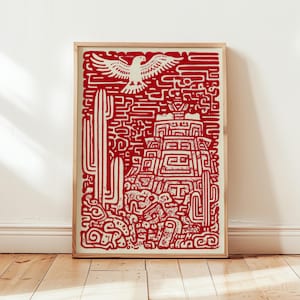 Op de afbeelding: Ingelijste kunstafdruk met een rood en wit ontwerp. De afbeelding toont een woestijnlandschap met een vogel, cactussen en een piramide. Het kunstwerk heeft een gedetailleerde, grafische stijl. De lijst is van hout.