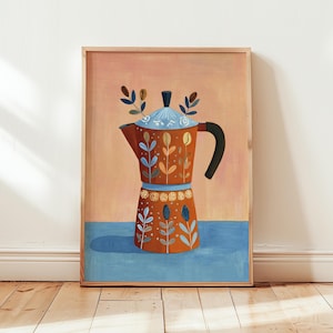 Floral Coffee Pot Poster, Rustic Kitchen Wall Art, Folk Style Print, Digital Download