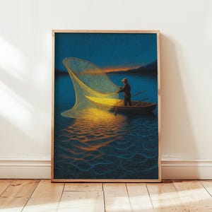 Puede incluir: Impresión artística enmarcada que representa a un pescador en una barca lanzando una red. La obra de arte presenta una paleta de colores azul oscuro y naranja, con la red iluminada por una cálida luz dorada. La escena está ambientada en el agua, con un cielo oscuro al fondo.