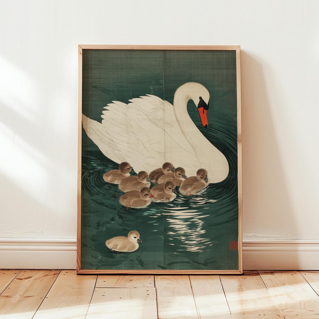 Swan and Baby Birds Wall Art | Vintage Animal Illustration | Nursery ...