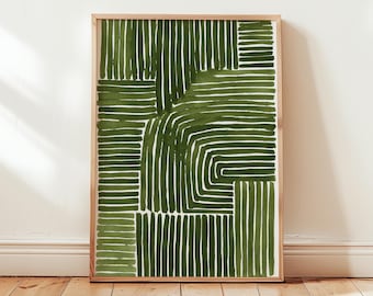 Green Abstract Line Art Print, Minimalist Modern Wall Decor, Geometric Pattern Artwork in Olive Green and White, Digital Download Poster