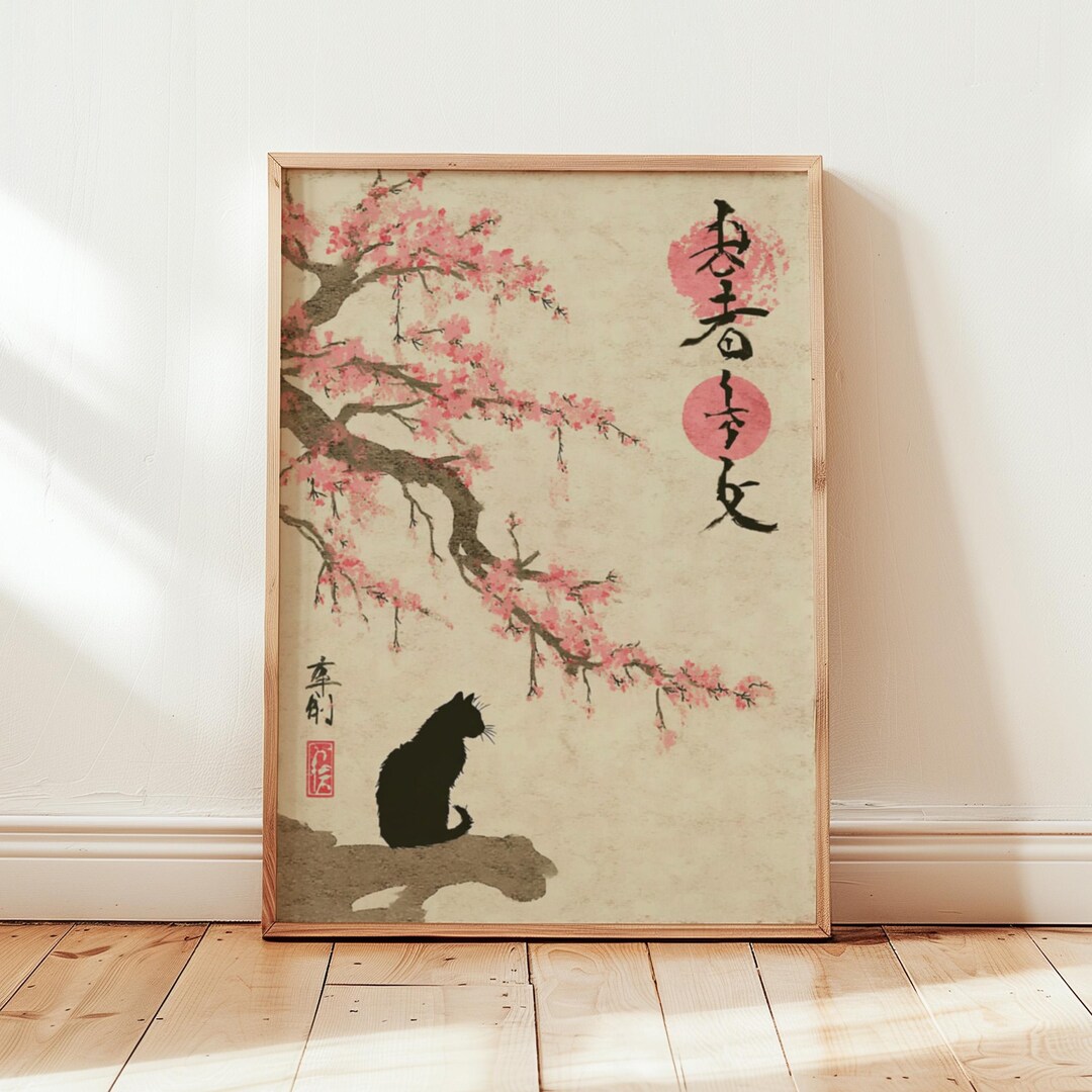 Japanese Cat Wall Art Print, Sakura Cherry Blossom Poster, Zen ...