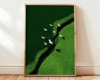 Flying Birds Wall Art Print, Aerial Nature Art Poster, Minimalist Green Landscape Decor, Digital Download