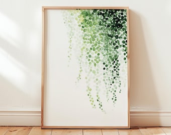May include: A framed watercolor print featuring a cascade of green, circular shapes against a white background. The artwork is in a light brown wooden frame, creating a natural aesthetic. The green hues vary in shade, adding depth to the botanical-themed art.
