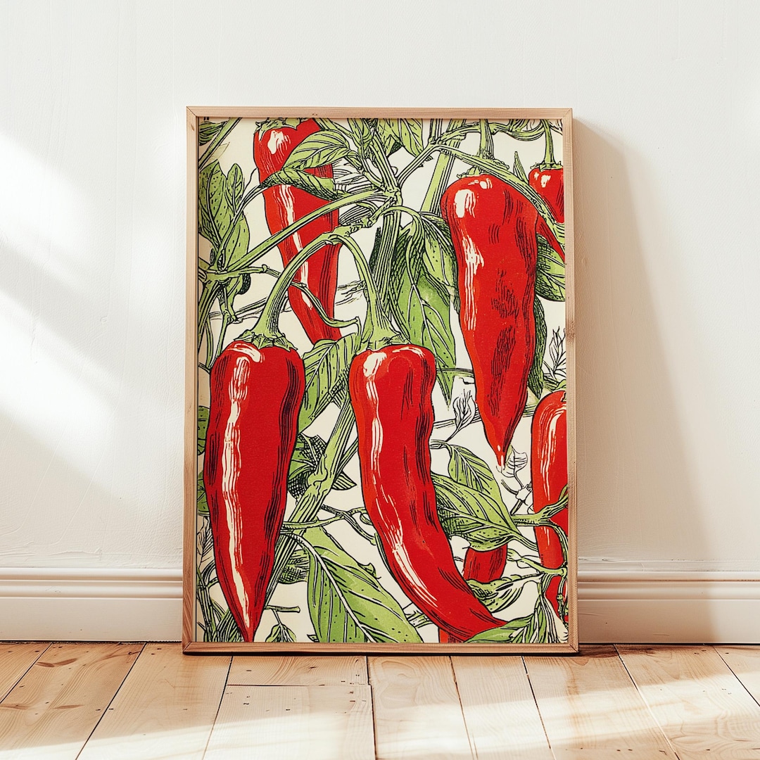 Red Chilli Pepper Wall Art Print, Botanical Kitchen Decor Illustration ...