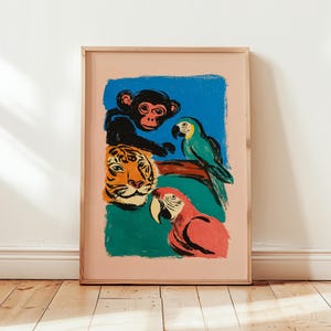 Jungle Animal Poster | Tiger Monkey Parrot Wall Art | Colourful Wildlife Print | Tropical Safari Decor | Modern Artwork Digital Download