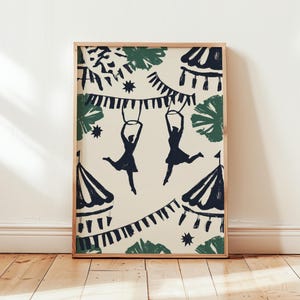 May include: A framed art print featuring a circus theme. The artwork depicts two silhouetted figures holding buckets, with circus tents, banners, and stars in a cream and navy color palette. Green foliage accents the design.