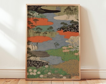 Japanese Landscape Poster, Vintage Asian Wall Art, Digital Download Print, Oriental Nature Scene, Water Garden Home Decor