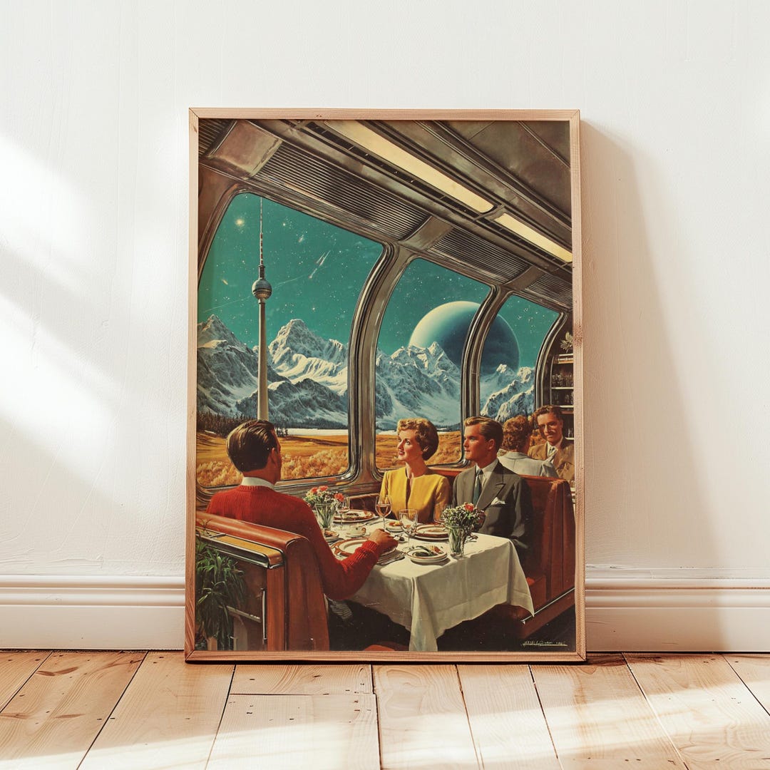 Retro Sci-fi Dinner Party Art, Vintage Space Travel Poster, Surreal ...