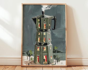 Surreal Coffee Pot Wall Art Print, Dreamy Night Scene Poster, Whimsical Home Decor, Cozy Modern Kitchen Artwork Digital Download