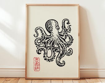 Japanese Octopus Wall Art, Vintage Sea Creature Print, Minimalist Ocean Illustration, Nautical Decor, Zen Coastal Poster Digital Download