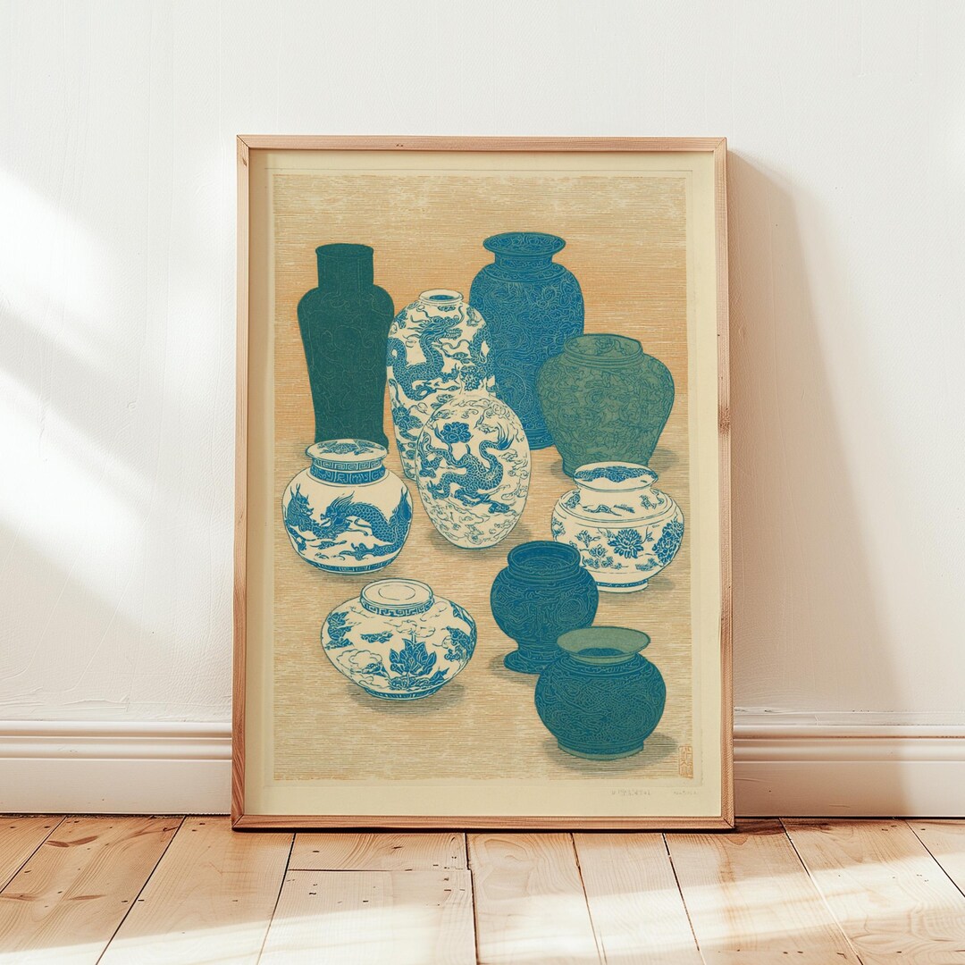 Blue Ceramic Vase Illustration Poster | Vintage Asian Pottery Art ...