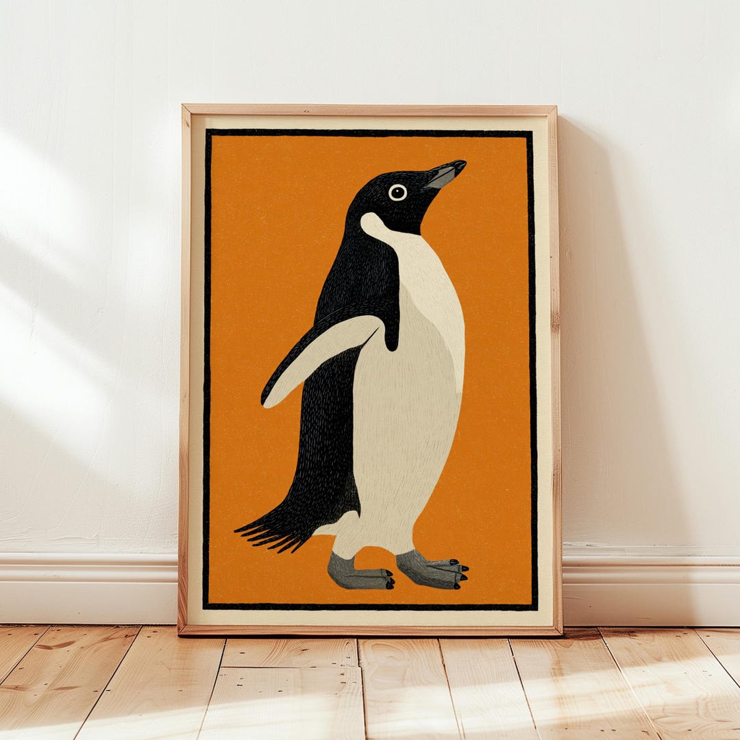 Penguin Illustration Orange Background Minimal Animal Art Graphic