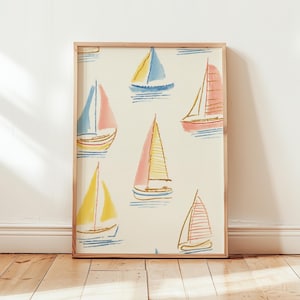 Coastal Sailboat Wall Art Print, Nautical Beach House Decor, Colorful Sailing Boats Watercolor Style Digital Download
