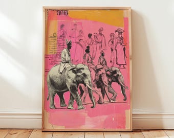 Stampa artistica da parete con elefante indiano, dipinto floreale Mughal, opera d'arte tradizionale con l'albero della vita, poster per arredamento boho da scaricare in formato digitale