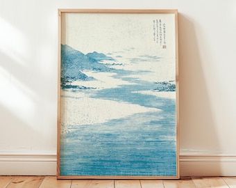 Japanese Woodblock Landscape Print, Vintage Blue Ocean Wall Art, Asian Minimalist Decor, Ukiyo-e Inspired Poster, Digital Download