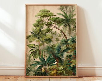 Vintage Jungle Digital Download, Botanical Printable Wall Art, Tropical Green Plants and Palm Trees Poster for Home Decor