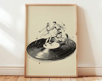 Retro Dance Wall Art Print, Vinyl Record Poster, Black and White Music Illustration, Mid Century Swing Art, Digital Download
