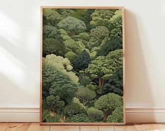 Forest Digital Download Wall Art, Botanical Printable Poster, Lush Green Woodland Trees Illustration for Instant Home Decor