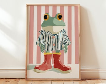 Frog Poster Pink Striped Illustration | Animal Nursery Style Decor | Playful Scandinavian Graphic | Digital Download