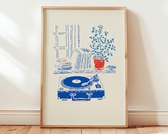 Record Player Poster, Retro Vinyl Wall Art Print, Mid Century Modern Digital Download Music Room Decor, Turntable Illustration