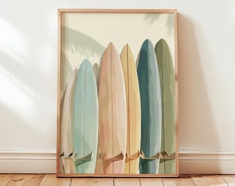 Surfboard Wall Art Print, Coastal Beach House Decor, Summer Surfing Poster, Palm Tree Ocean Vibes Digital Download