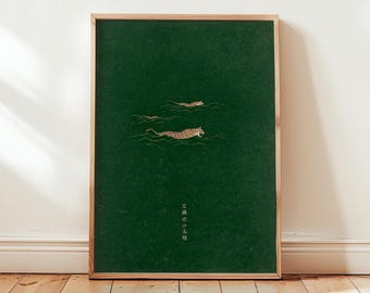 Impresión digital de tigre, arte mural minimalista japonés, póster de fauna oriental, ilustración de animales exóticos, decoración del hogar con tigre