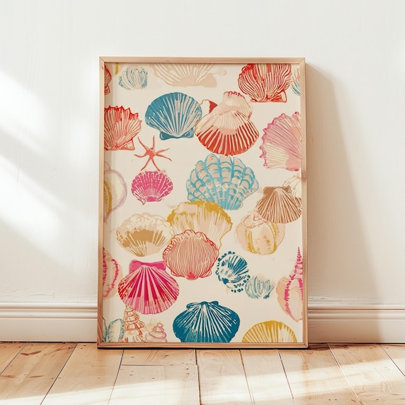 Colorful Seashell Wall Art, Coastal Beach House Decor, Ocean Sea Shells Print, Nautical Summer Poster, Digital Download