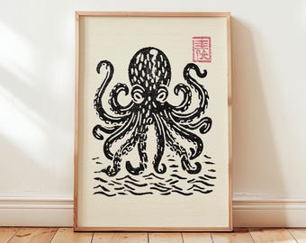 Japanese Octopus Wall Art, Vintage Sea Creature Print, Minimalist Ocean Illustration, Nautical Decor, Zen Coastal Poster Digital Download