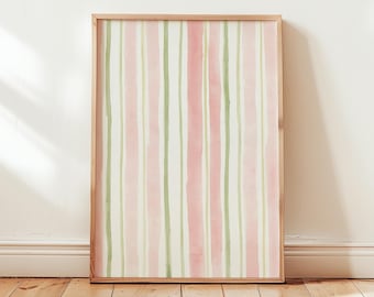 Impresión artística de pared con rayas rosas y verdes, póster de rayas de acuarela pastel, descarga digital abstracta minimalista para guardería o decoración costera.