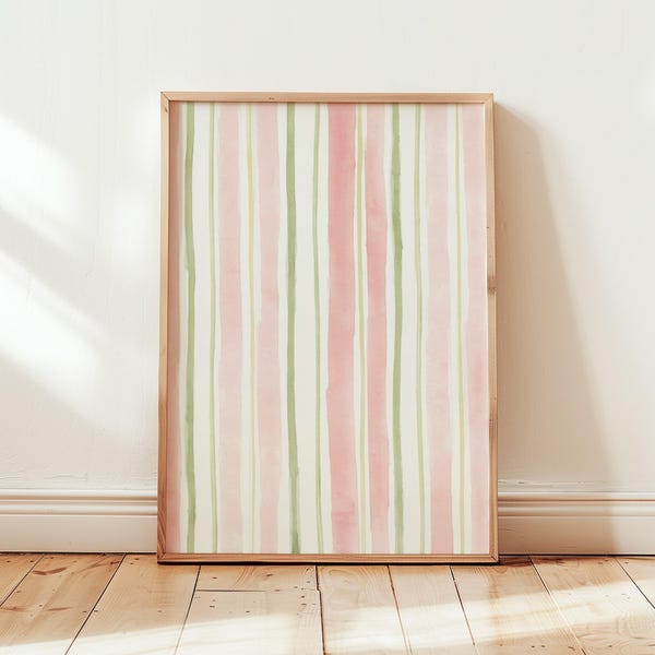 Rosa grönt randigt väggkonsttryck, pastellfärgad akvarell randig poster, minimalistisk abstrakt digital nedladdning för barnrum eller kustinredning