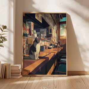 Vintage Japanese Cat Art, Cat Japanese Restaurant Print, Printable Digital Download, Botanical Home Decor, Nature Wall Art, Cat Illustration
