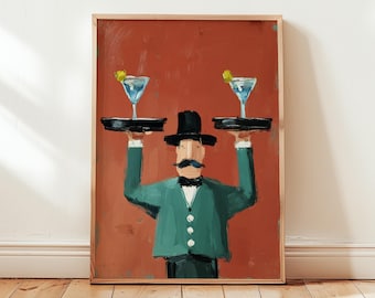 Whimsical Waiter Art Print, Vintage Cocktail Hour Decor, Martini Bar Cart Wall Art, Folk Art Kitchen Decor, Retro Service, Digital Download
