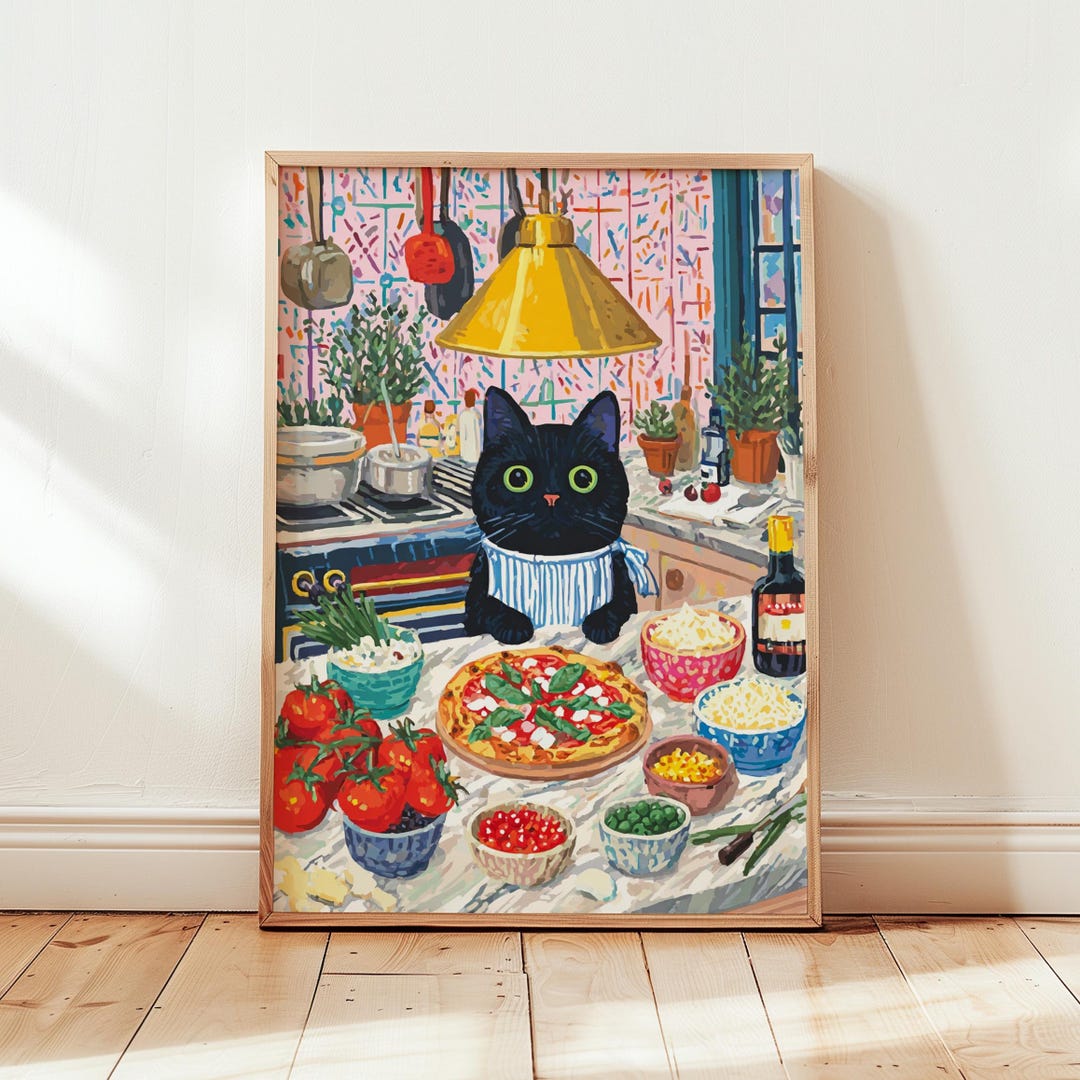 Black Cat Kitchen Wall Art, Funny Chef Cat Poster, Pizza Cooking